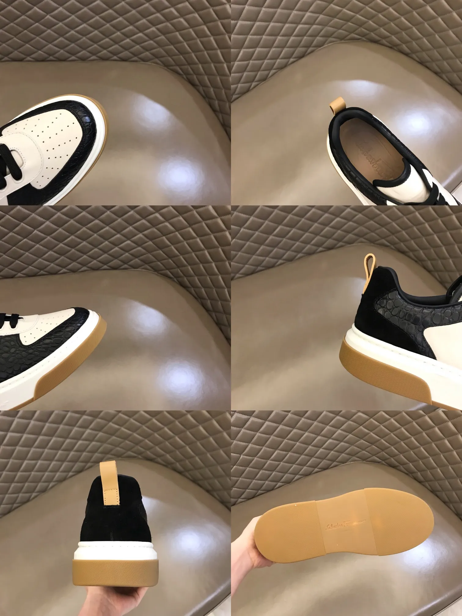 p440 "Salvatore Ferraga**" men's low-top fashion sneakers. This casual shoe has a novel structure and is made of soft calfskin. The contrasting color elements on the upper highlight the bold and avant-garde atmosphere. The first-layer cowhide lining is high-end and comfortable. Energetic and fresh, these shoes can be worn with casual looks or add a touch of street style to elegant trousers.  Size: 38-44